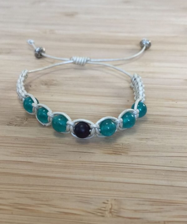 Bracelet en calcédoine verte, pierres naturelles tressé avec du cuir, réglable