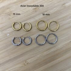 anneaux créoles acier inox doré ou argenté en 15mm ou 18mm