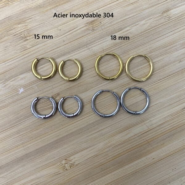 anneaux créoles acier inox doré ou argenté en 15mm ou 18mm