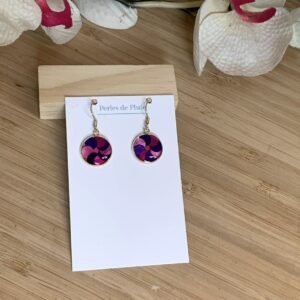 Boucles d'oreilles pendantes rondes en marqueterie de paille violette et fuchsia