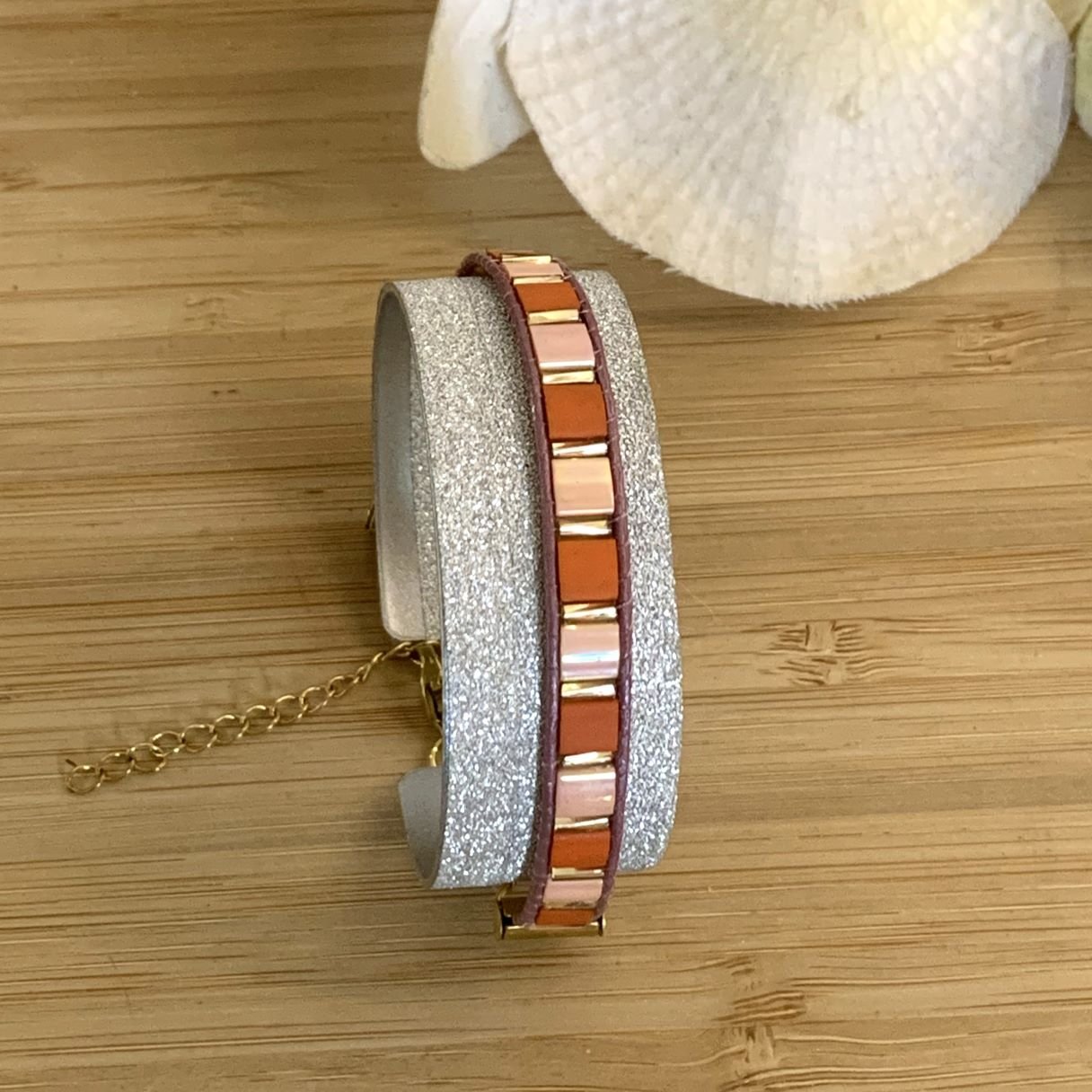 bracelet en perles miyuki tila tissé à la main et cuir véritable