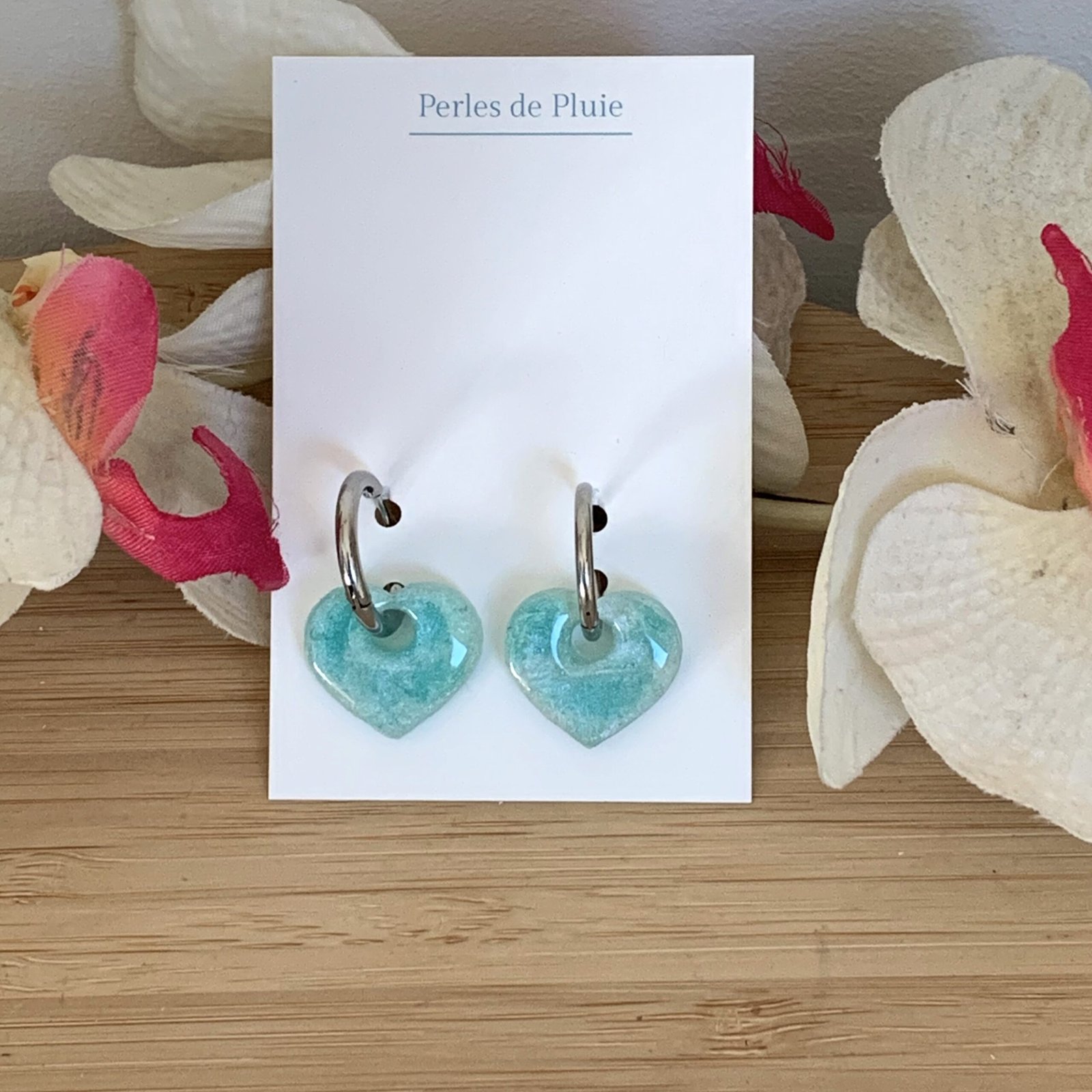 Boucles d&rsquo;oreilles cœur réversibles vert menthe de Perles de Pluie artisanat français.jpg