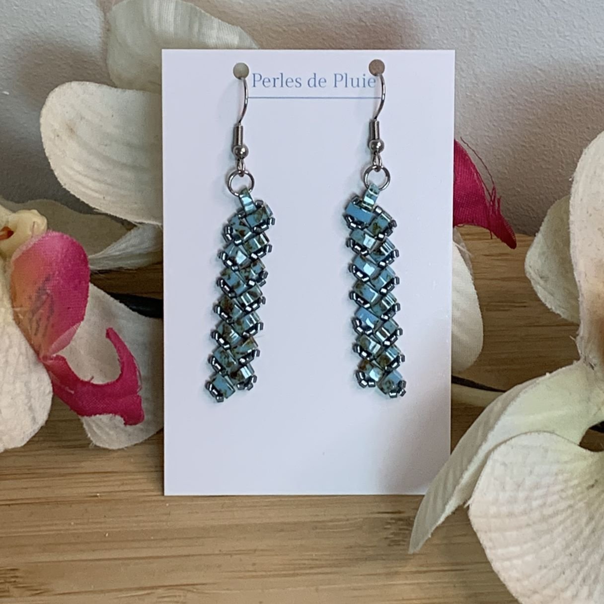 boucles d'oreilles tissées main en perles tila turquoise