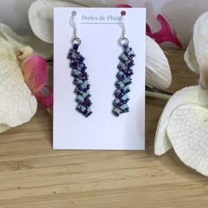 boucles d'oreilles tissées main en perles tila turquoise veinées de violet