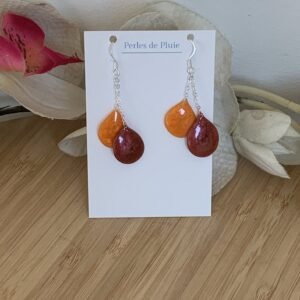 boucles d'oreilles collection: gouttes en résine et pigments faites à main levée. Solaire. Photo prise du bijou sur son support perles de pluie