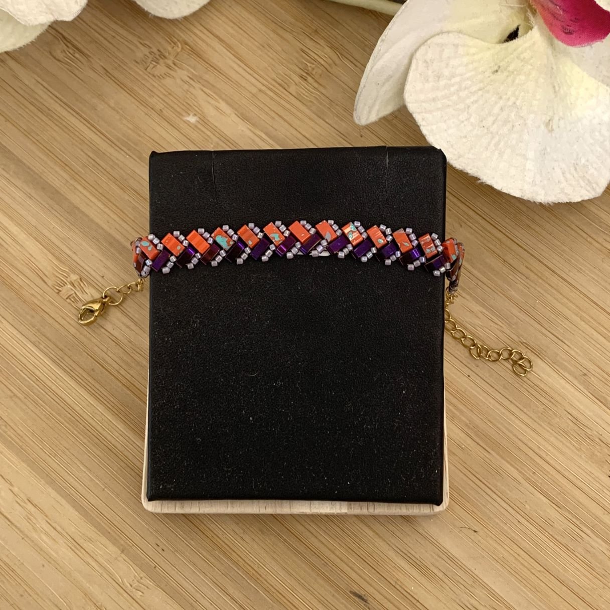 bracelet ajustable en perles miyuki tila orange veinée de turquoise tissé à la main bracelet ajustable en perles miyuki tila orange veinée de turquoise tissé à la main