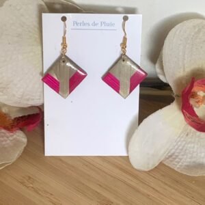 boucles d'oreilles en marqueterie de paille beige et fuchsia et résine sur son support